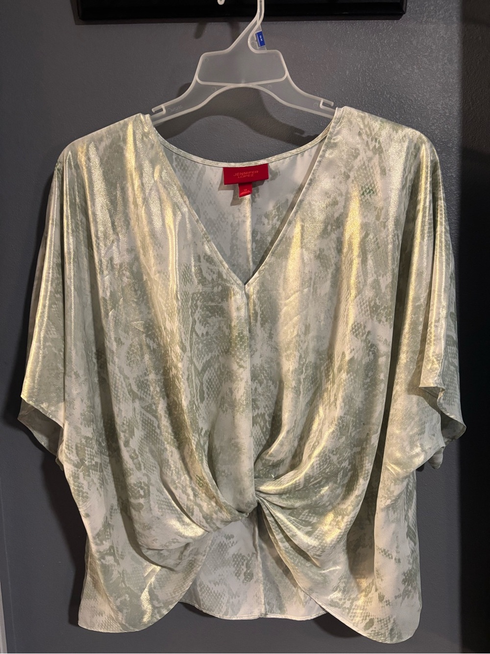 Jennifer Lopez Metallic Olive Green V-Neck Twist-Front Blouse